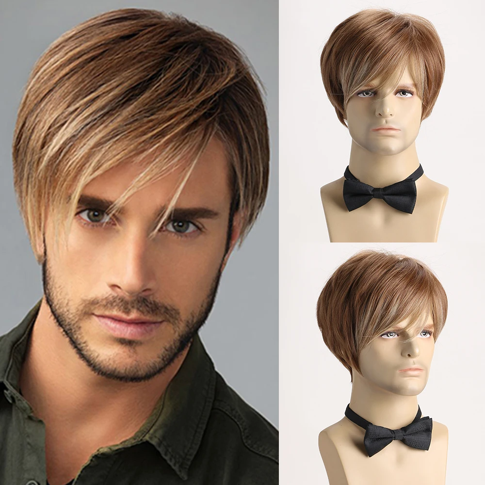 

10 Inch Hair Short Curly Synthetic Mixed Brown Wig For Men Layered Heat Resistant Wigs With Bangs For Daily Halloween Use