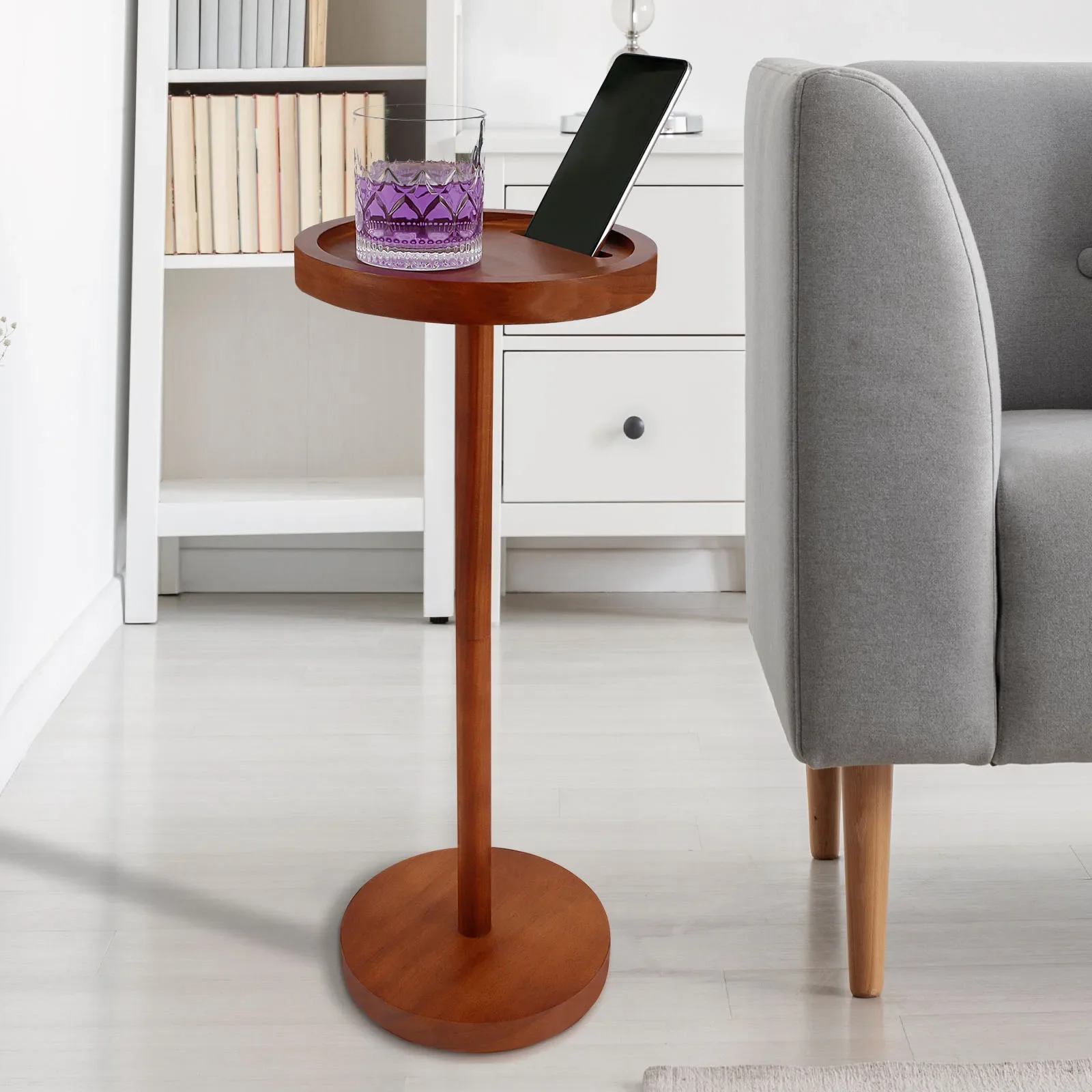 

Customizable Round Wooden Side Table High 55cm Drink Table with Phone Holder Nightstand Side