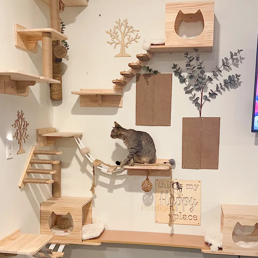 Wall Mounted Wooden Cat House Furniture Scratcher Shelves Climbing Ladder Perch Cat Bridge and Jumping Platform for Kitten Play