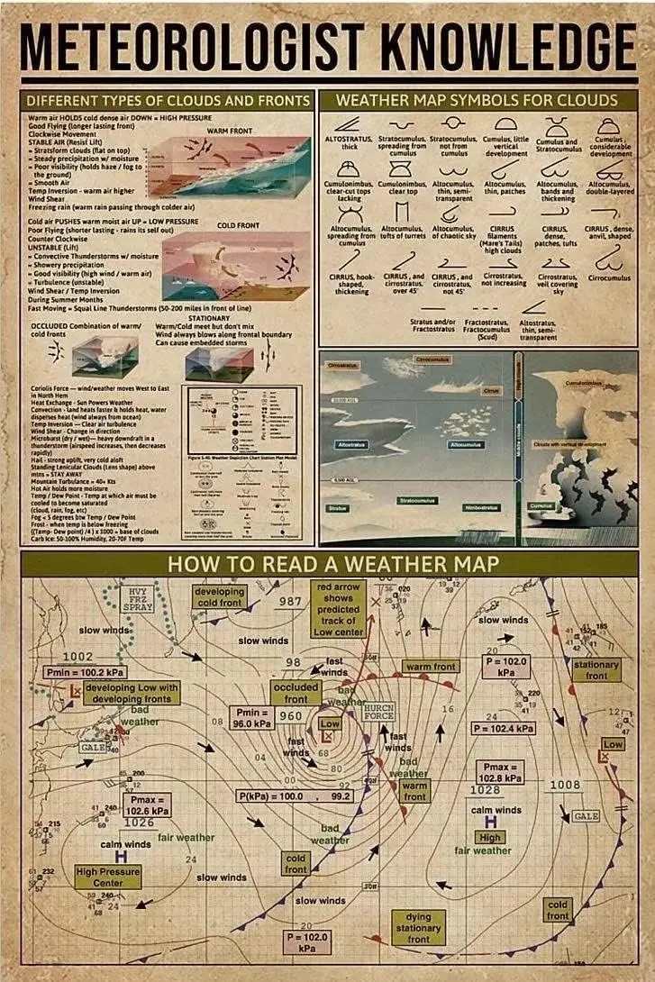 ESETASOT Affiches murales sans cadre sur toile sur la connaissance météorologique : Comment lire une carte météo, Affiche scientifique populaire, Bibliothèque scolaire