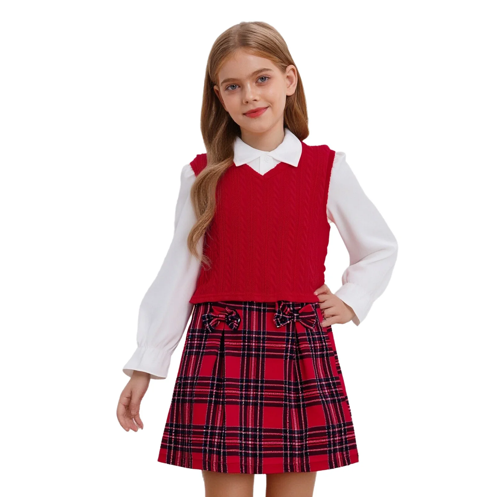 

Kids Girls School Uniform Outfit 3-Piece Long Puff Sleeves Button Down Shirt+V-neck Sleeveless Knitted Vest+Bowknot Plaid Skirt