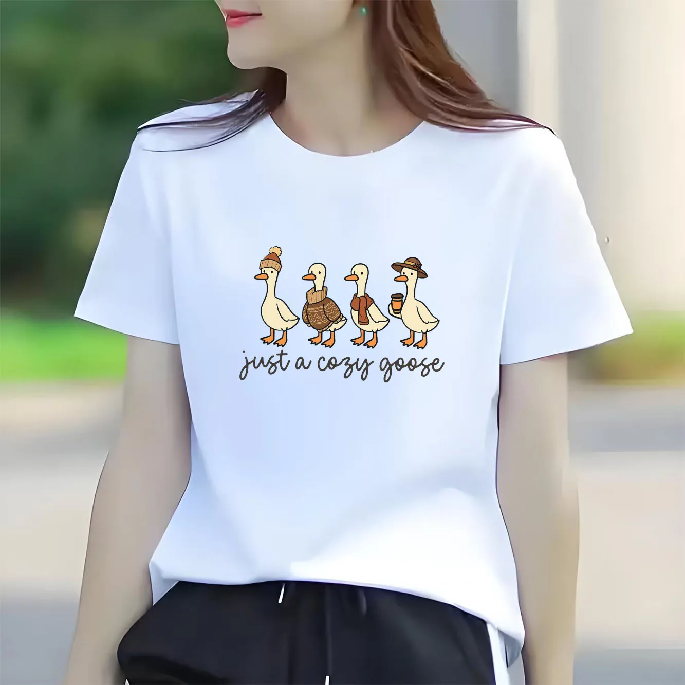 

Halloween duck print short sleeved round neck versatile fashion women's T-shirt for spring and summer