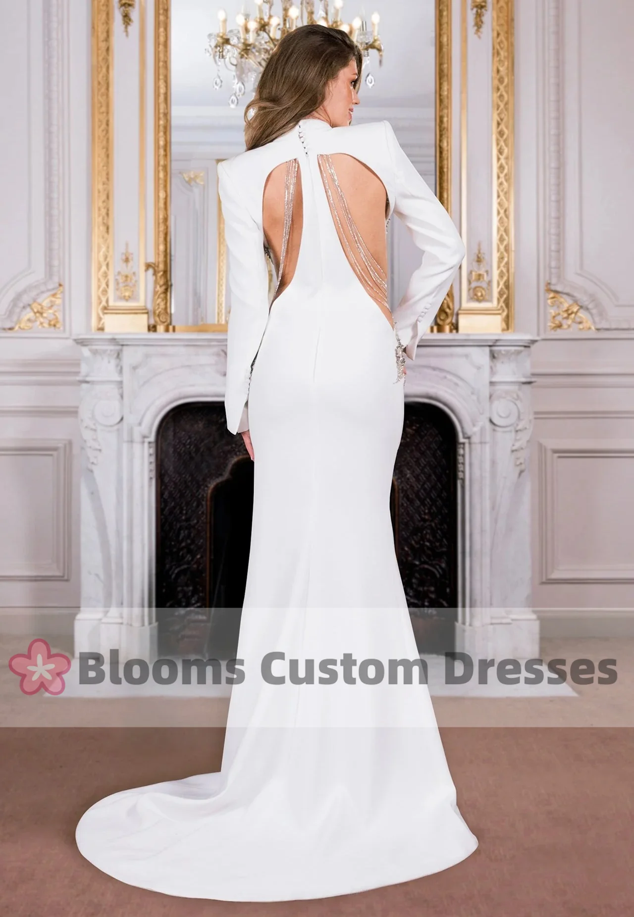 Blooms Sexy V-neck Customized Beaded Luxury Evening Dresses For Special Occasion Mermaid Long Sleeves Party Gown Prom Dresses