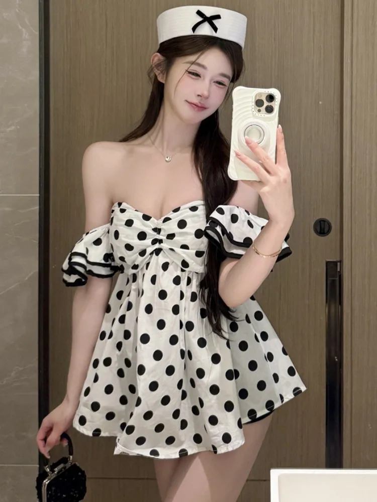 

Sexy Shoulder Dot Tube Top Loose Wide Leg Pants Puffy Slimming Shirt Korean Style Commute Wind for Young Women