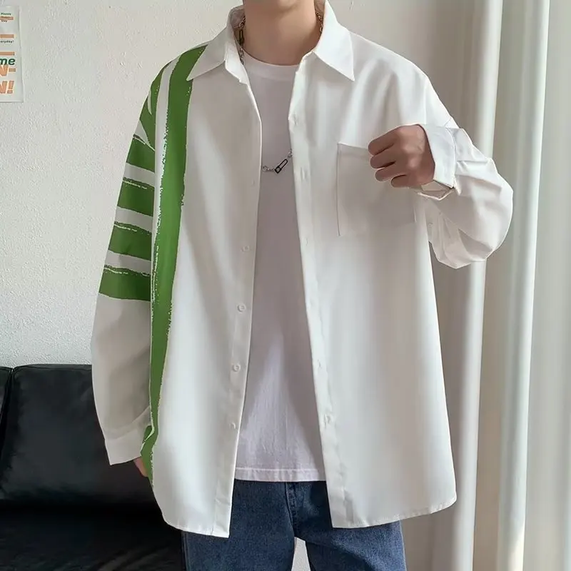 

Hong Kong Sle Men's Long Sve irt Loose Fit Color Blo Design Casual Faion Spring Autumn Versatile irt Coat