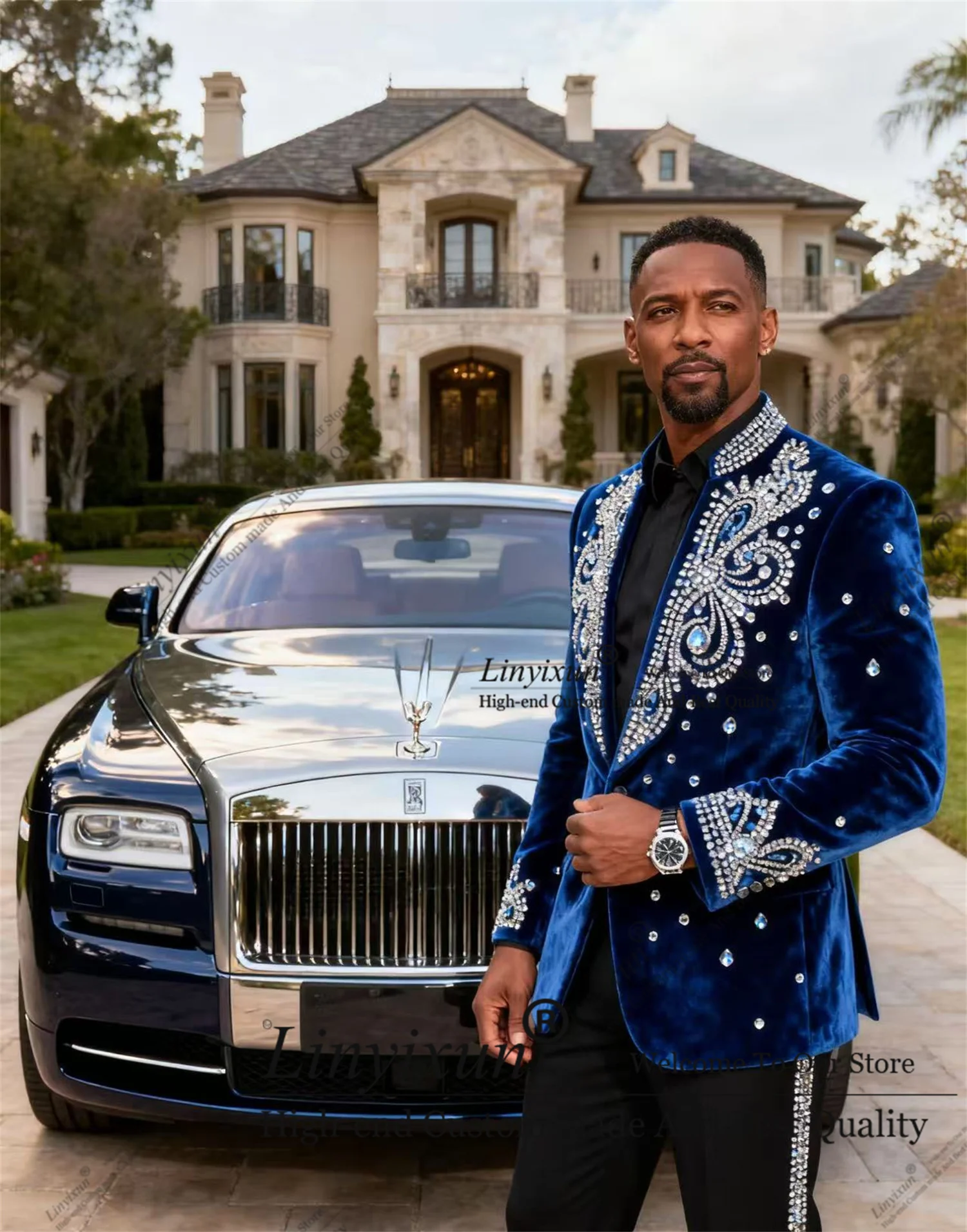 

Уникальный дизайн, воротник-стойка с лацканами и бриллиантами, кристаллы, мужские костюмы, мужские пиджаки для выпускного вечера, индивидуальный свадебный тонкий костюм жениха Homme