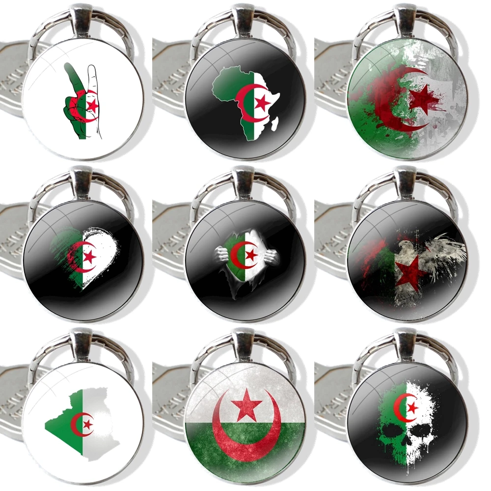 Design Keychain Handmade Glass Cabochon Key Ring Holder Pendant Key Chains Algeria Flag