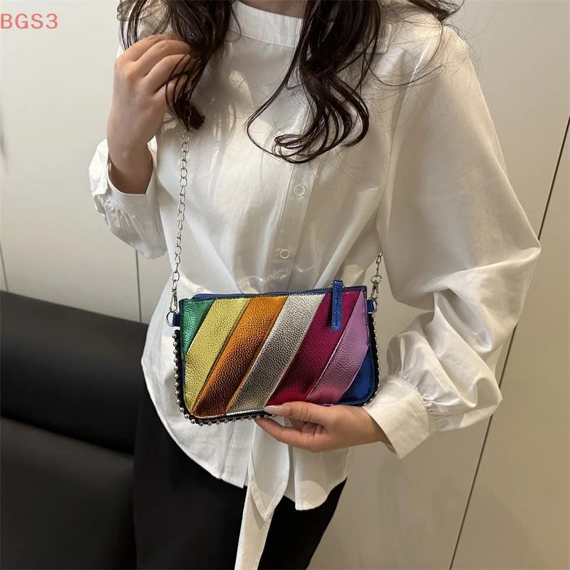 

2025 New Rainbow Stripes Color Collision Splicing Korean Fashion Design Sense Chain Shoulder Crossbody Bag