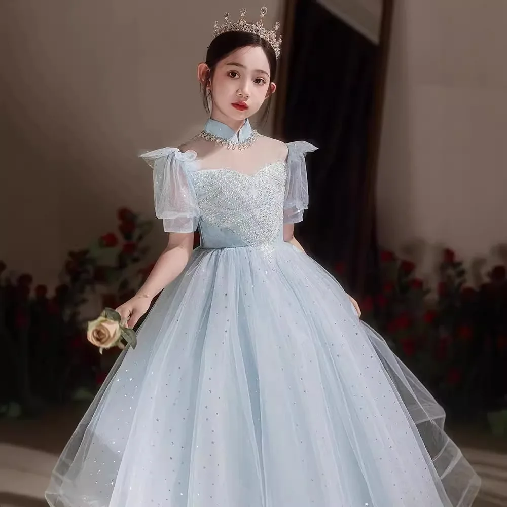 

Flower girl wedding little girl dress spring blue girl birthday princess dress children host piano costume