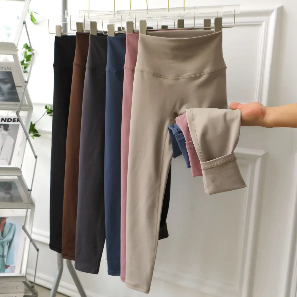 بنطلون يوجا نسائي عالي الخصر مبطن بالفرو، ضيق ومرن للتنحيف والتحكم في البطن، بنطلون طويل كاجوال من النايلون والسباندكس