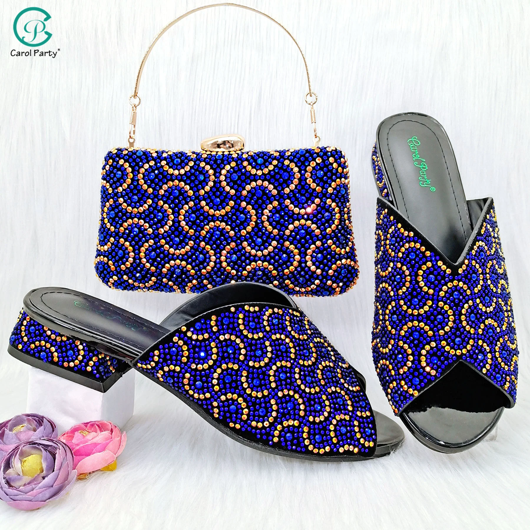 Carol Party Exquisite Fashion Royal Blue Rhinestone Decoration Slippers And Clutch Bag Italian Design Women's Shoes And Bag Set