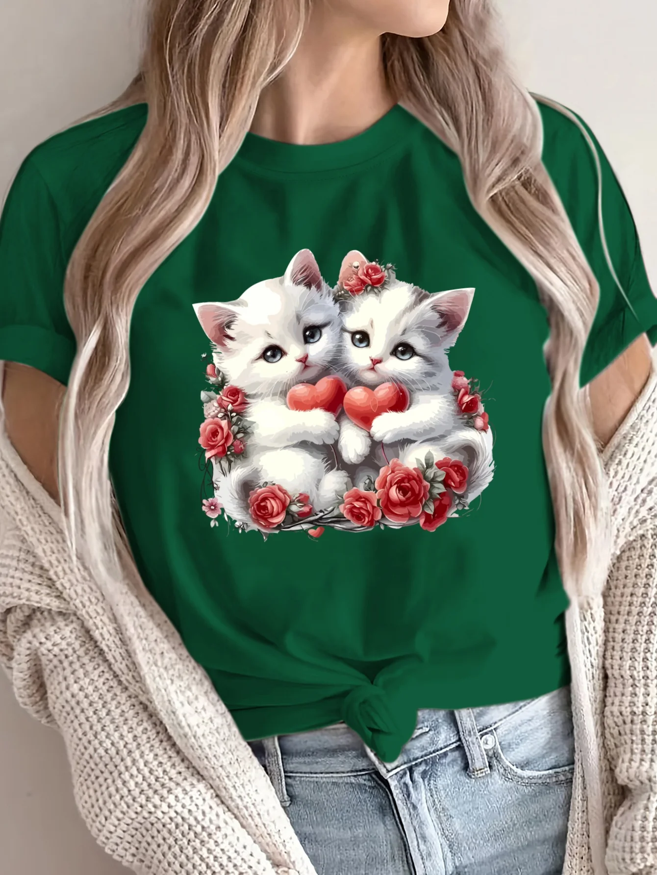 Valentine's Day Kitten New Women's Tshirt Summer Edition Round Neck Short Sleeve Comfortable Breathable Fabric Casual Soft Style