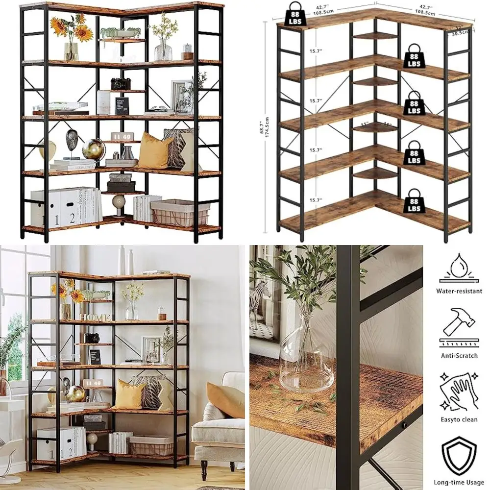Curved Panel 5-Tier Corner Bookcase with L-Shaped Metal Frame for Open Storage Solutions
