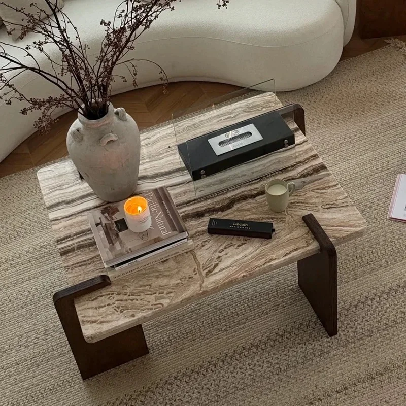 French Wabi-Sabi Travertine Table, Mid-Century Cream Coffee Table, Heat & Scratch Resistant, Natural Veining, Customizable
