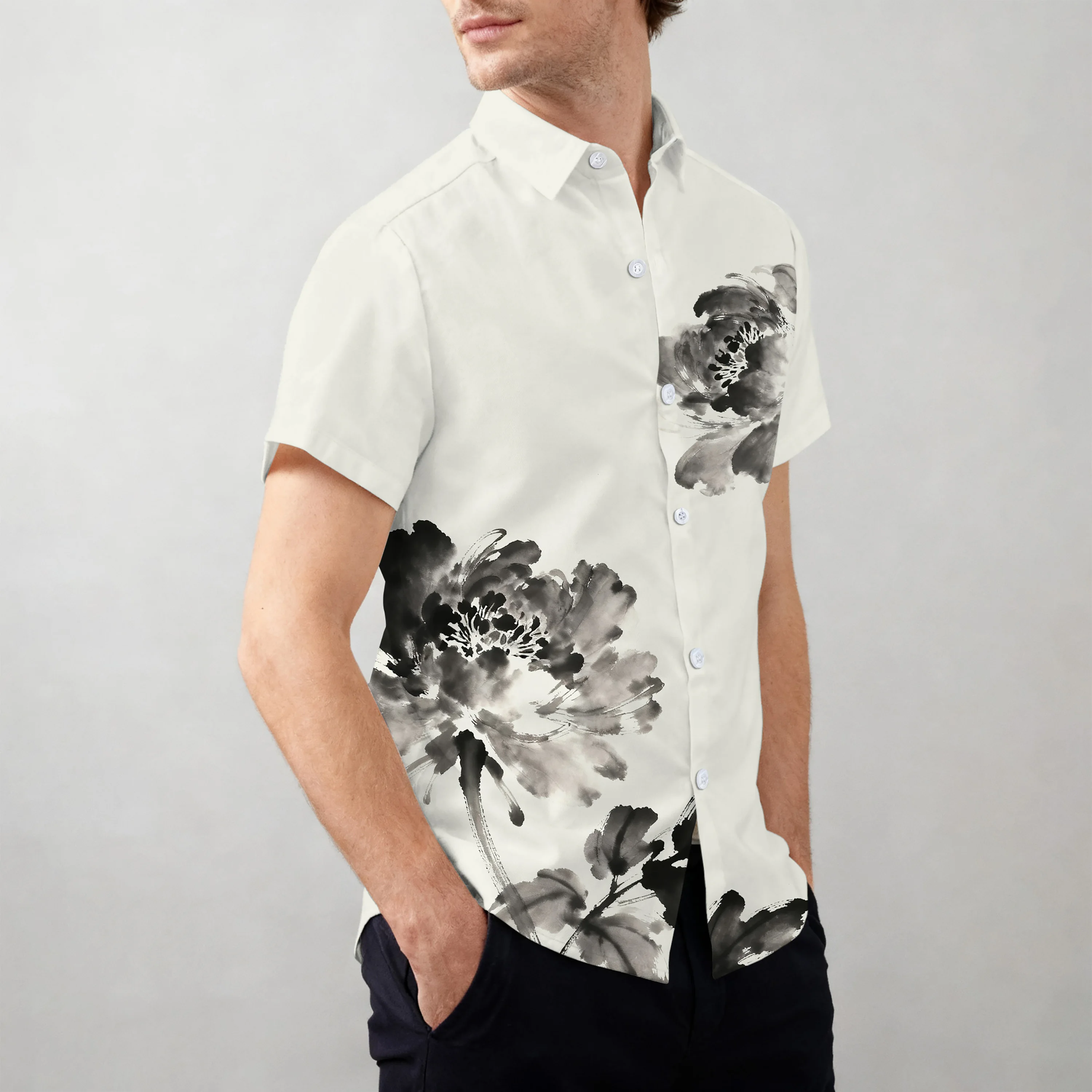 

Мужская летняя рубашка-поло с короткими рукавами и принтом тушью в китайском стиле; универсальный и удобный топ.