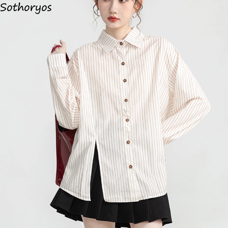 Long Sleeve Striped Shirts Women Casual All-match Irregular Baggy Tops Classic Korean Fashion Soft Breathable Students Рубашка