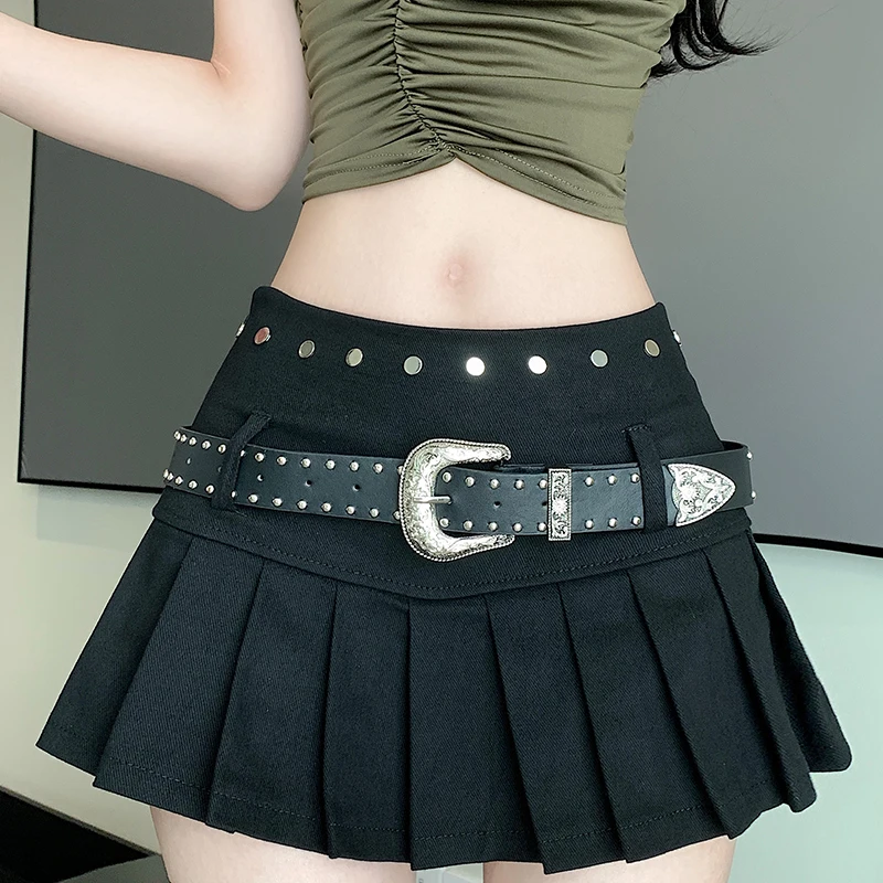 

JK Goth Rivet Women Short Skirt Pleated Micro Skirt Summer Low Waist Skirt Skorts Sexy A-Line High Waist Skirt Black with Belt