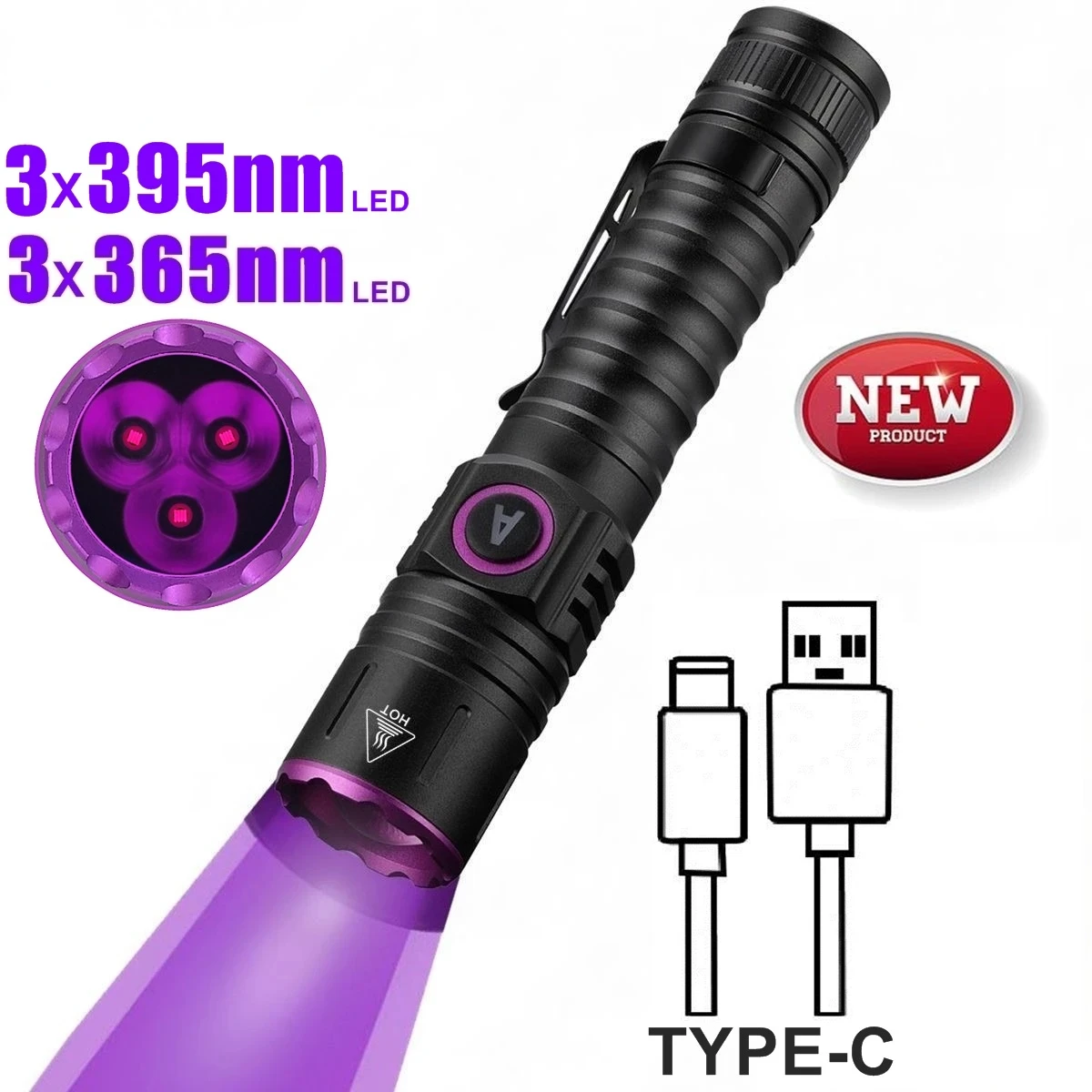 

15W High power UV 395/365nm USB Rechargeable Flashlight Cat Dog Urine Tinea Ore Money Scorpion Fluorescence Marker Purple Light