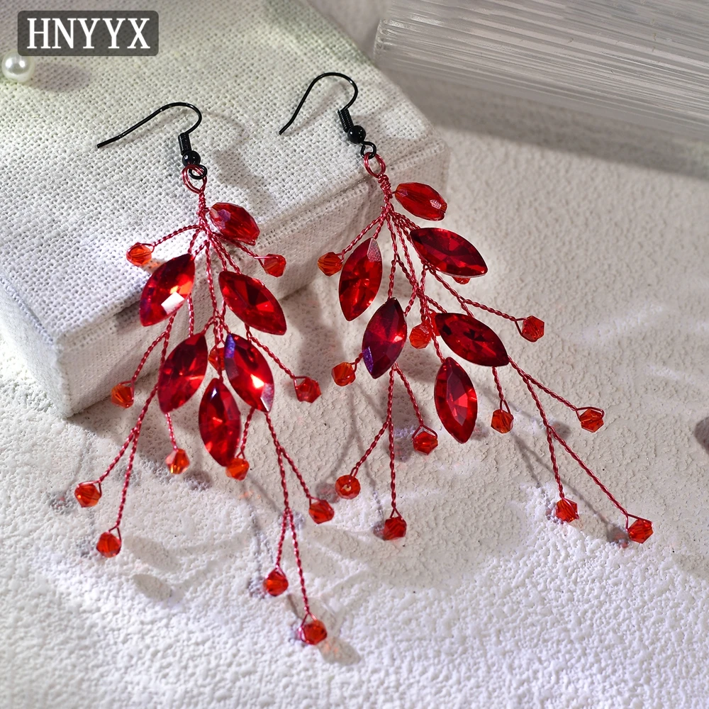 HNYYX Red Rhinestone Pendant Earrings for Women Trend Luxury Geometric Eardrop Crystal Pendant Jewelry Accessories B08