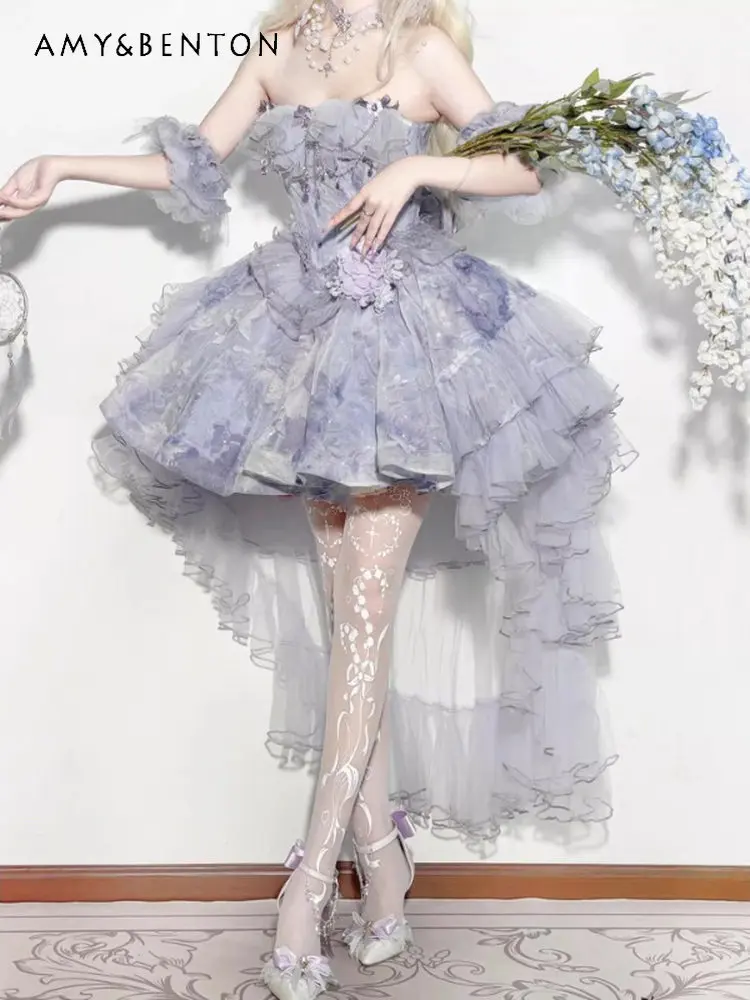 

Summer Purple Strapless Lolita Dress Bow Applique Slim Fit Princess Dress for Women Birthday Party Wedding Evening Prom