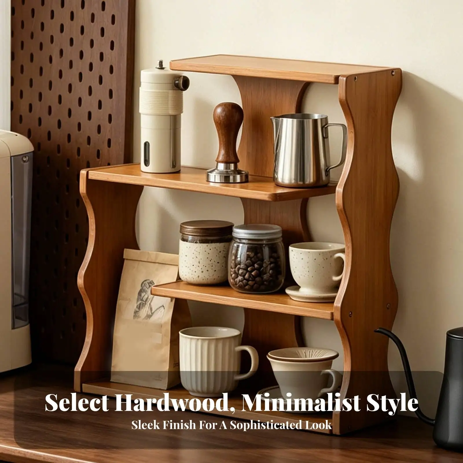 Tabletop Rack Curved Side Panel Wooden Tea Cup Rack Warm Brown Finish Cup Storage Stand
