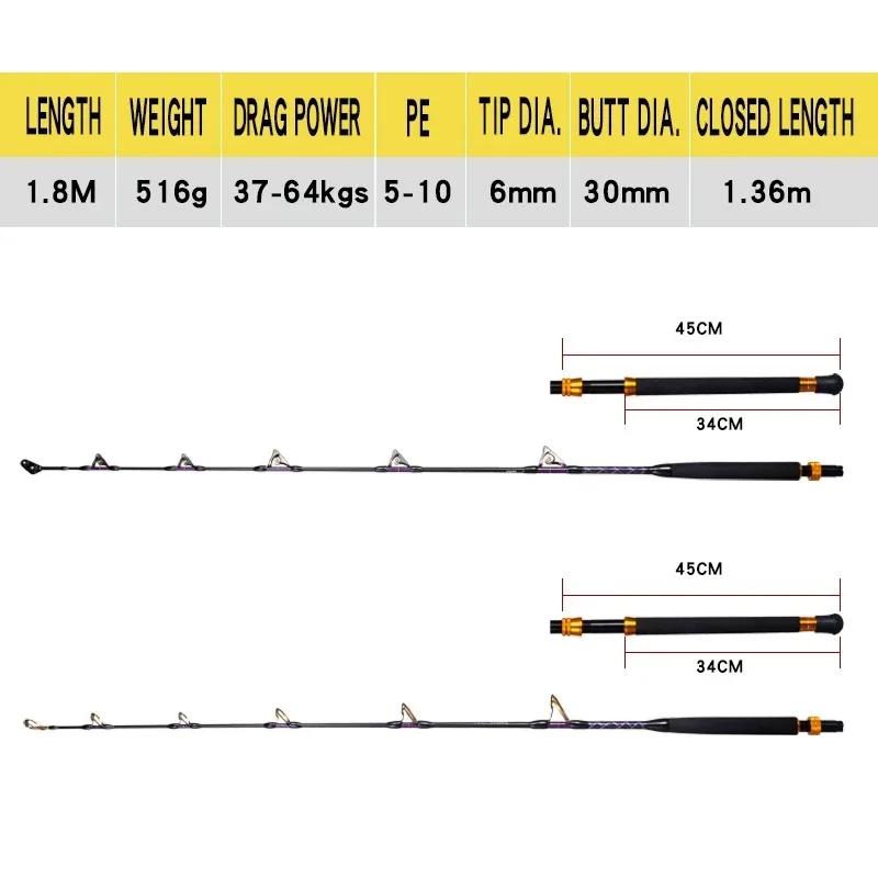 Lurekiller Strong Power Carbon Game Rod Trolling Rod 1.8M 37-64kgs Roller Guides/SIC Guides Deep Ocean Boat Fishing Rod