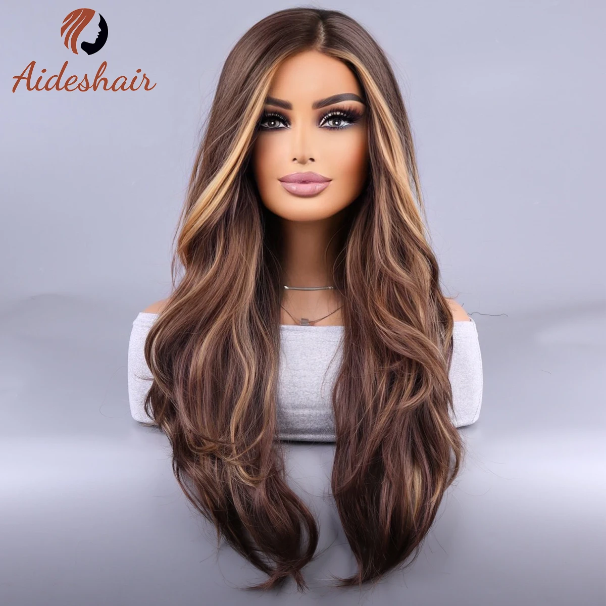 Synthetic wig  european and American midsection curly hair wig female hair hanging ear highlights fluffy big waves mixed brown h