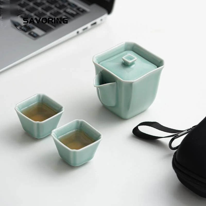 Retro Celadon Ceramic Travel Tea Set Square 1 Pot 2 Cups Household Tea Maker Outdoor Camping Stock Bags Portable Kung Fu Teaset