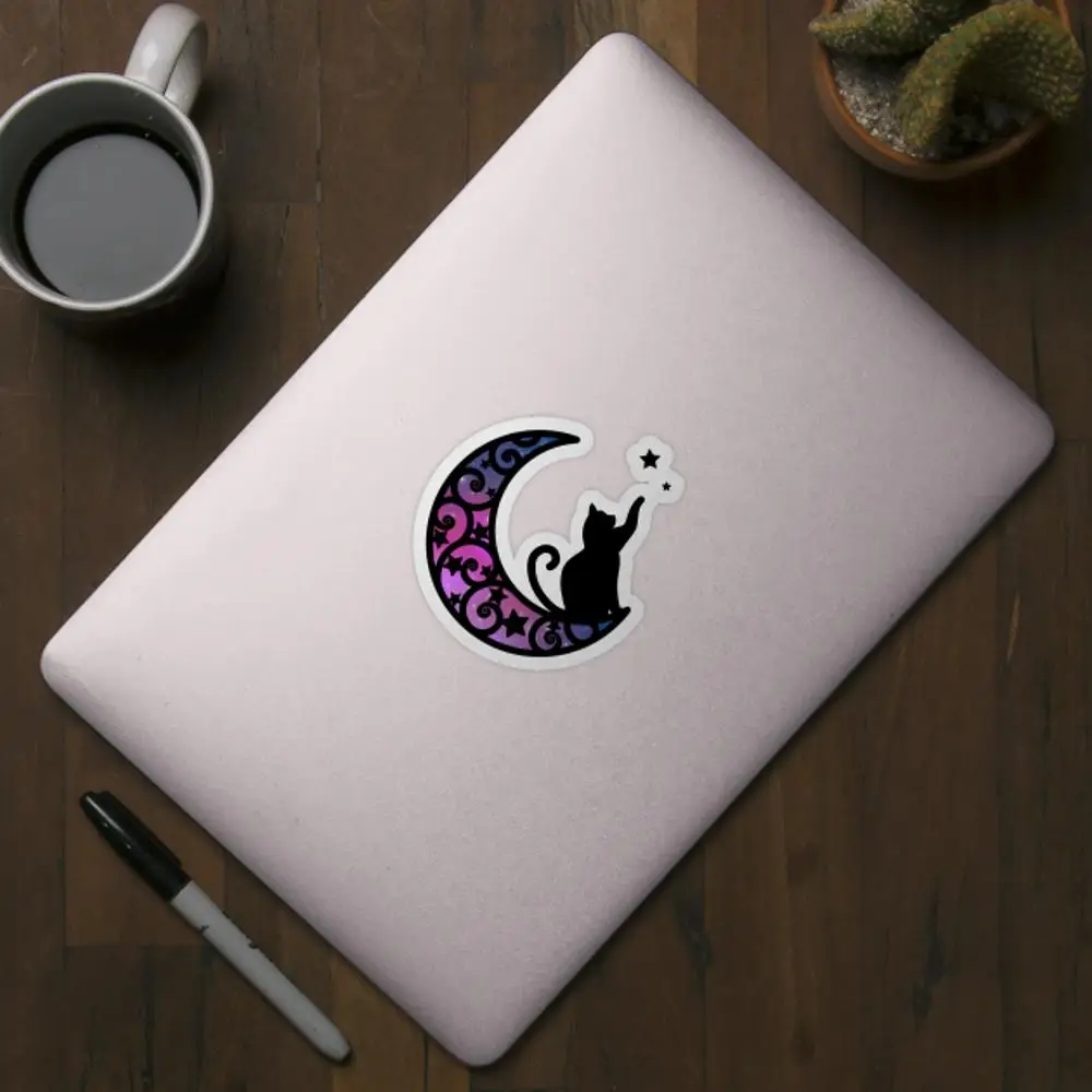 Starlight Moon Kitty Cat Silhouette Sticker for Laptop Decor Bedroom Car Cute Cartoon Art Fashionable Public Suitcase