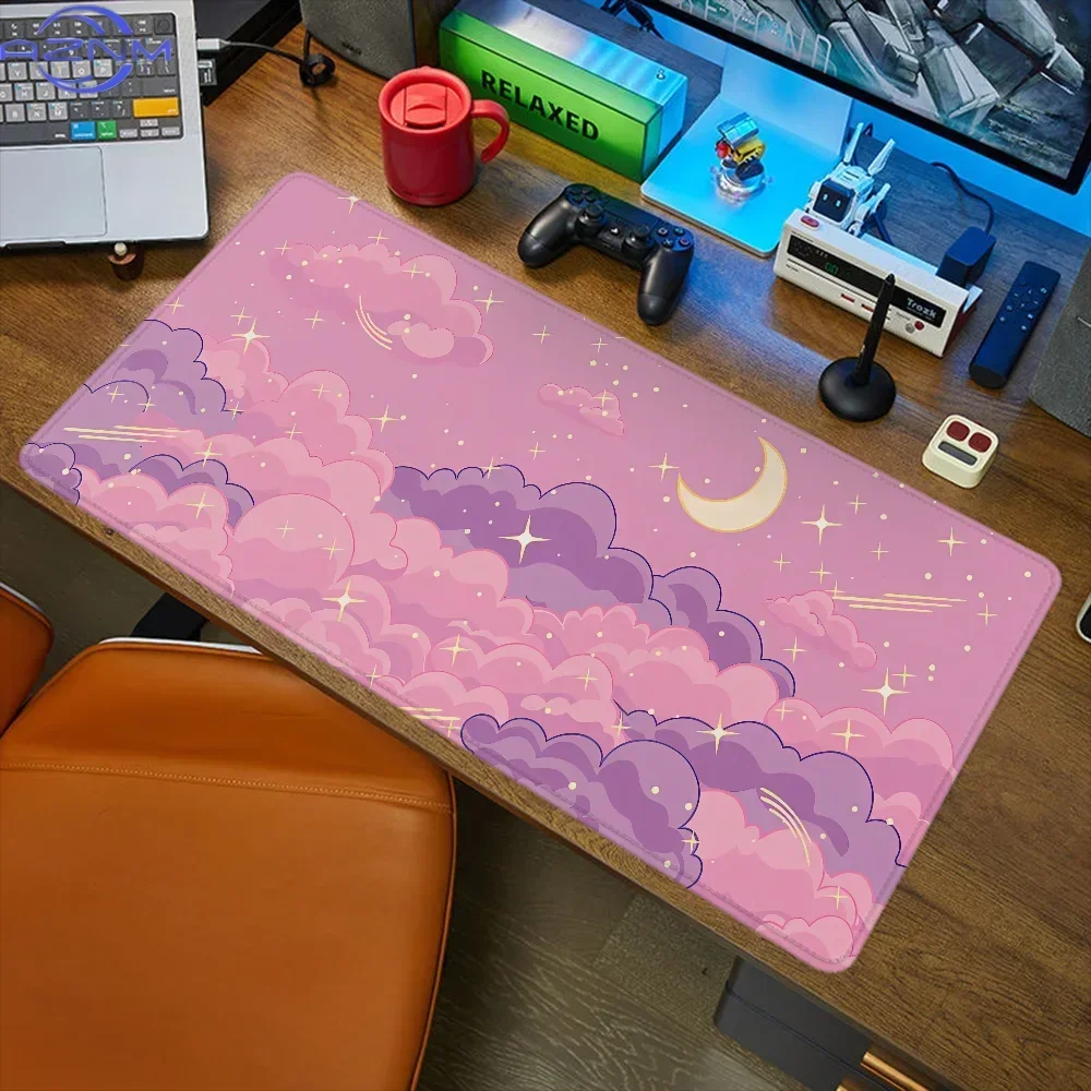 Pink Purple Cloud Moon Star Mouse Pad Waterproof Non‑Slip Kawaii Desk Mat Gaming Keyboard Mat Desktop Decor`