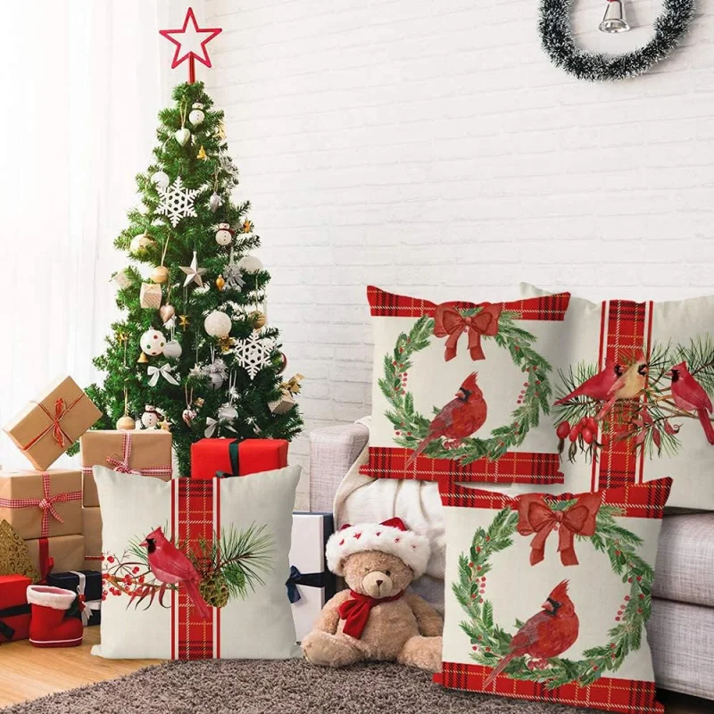 18 x 18 inch 4-piece Christmas Cardinal Red Buffalo Checkered Pillow Set