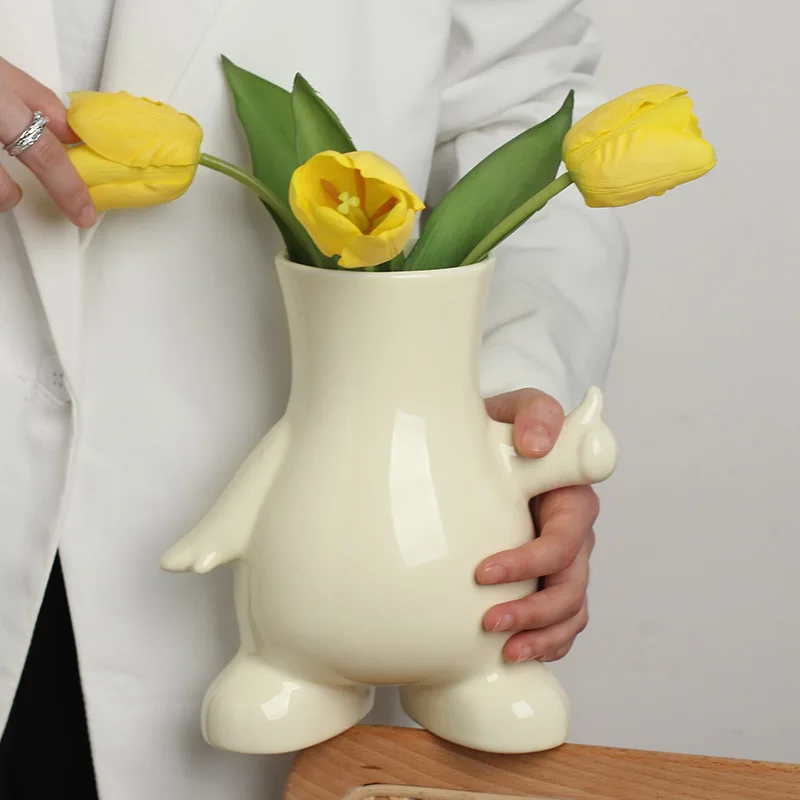 White Enamel Human-shaped Vase Flower Arrangement Hydroponic Pot Cartoon Character Shaped Vases Ceramic Crafts Decor