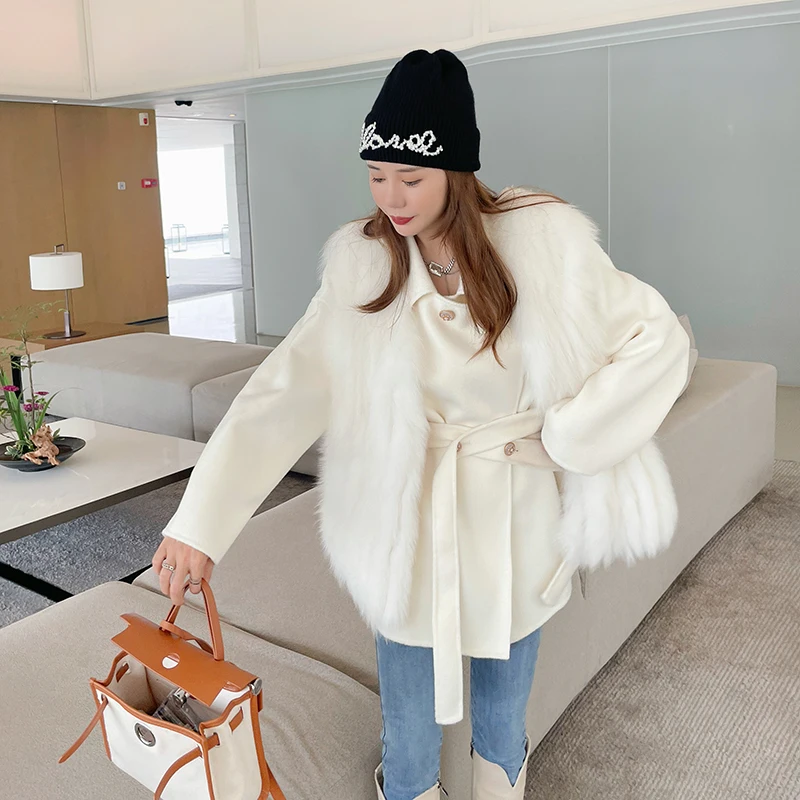 

Real Cashmere Coats Fox Fur Collar Jacket genuine fox fur coats 2 pieces outwear Casaco