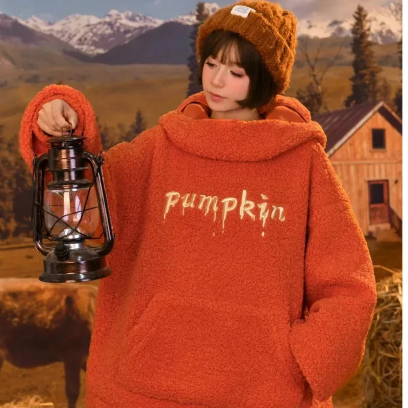 Halloween Sweatshirt Winter Clothes Pumpkin Jacket Autumn Cute Pumpkin Head Lamb Plush Decorated Hoodie Loose Warm Pullover Top