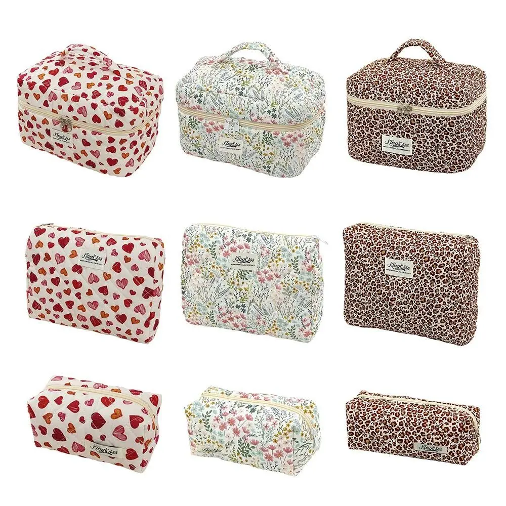 Cotton Floral Print Quilted Makeup Bag Multiple Sizes Multi-functional Clutch Bags Handheld Leopard Print Cosmetic Bag Travel