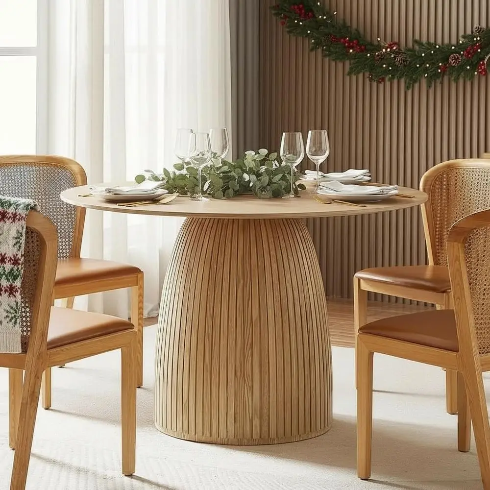 

Elegant Oak Round Dining Table for 4-6, Traditional Circular Pedestal Base