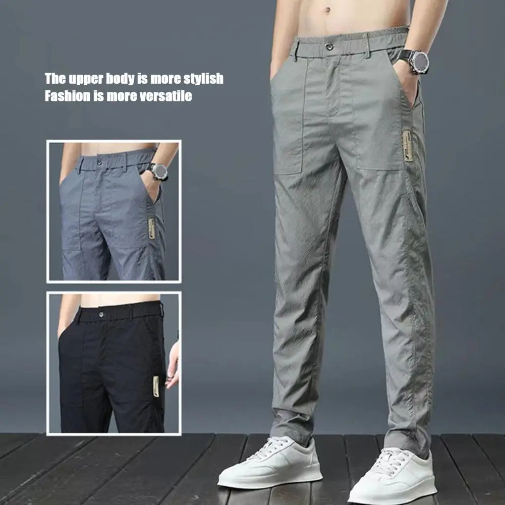 

Pocket Seams Pants Stretchy Waist Slim Fit Men's Pants with Pockets for Casual Daily Wear Quick-drying Straight Leg Trousers