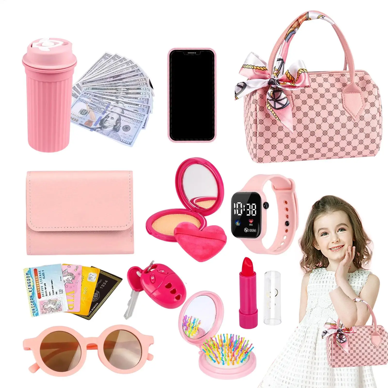 Princess Play Purse Set with Pretend Makeup Little Girls Toy Handbag with Phone Wallet Accessories Kids Birthday Christmas Gifts