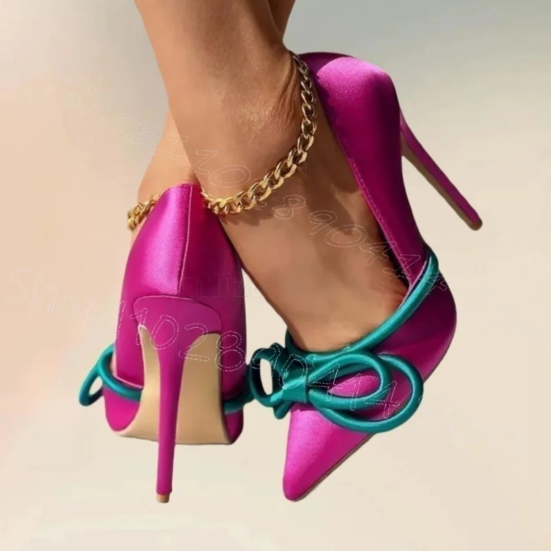 

Cyan Bow Knot Rose Red Silk Pointed Toe Pumps Slip On Women Shoes Thin High Heels Party Banquet Dating 2026 Zapatos Para Mujere