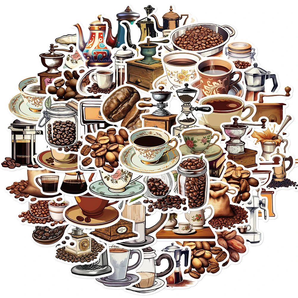 

10/30/50pcs Retro Cartoon Coffee Machine Stickers Coffee Bean Graffiti Sticker DIY Stationery Guitar Helmet Car Decoration Decal