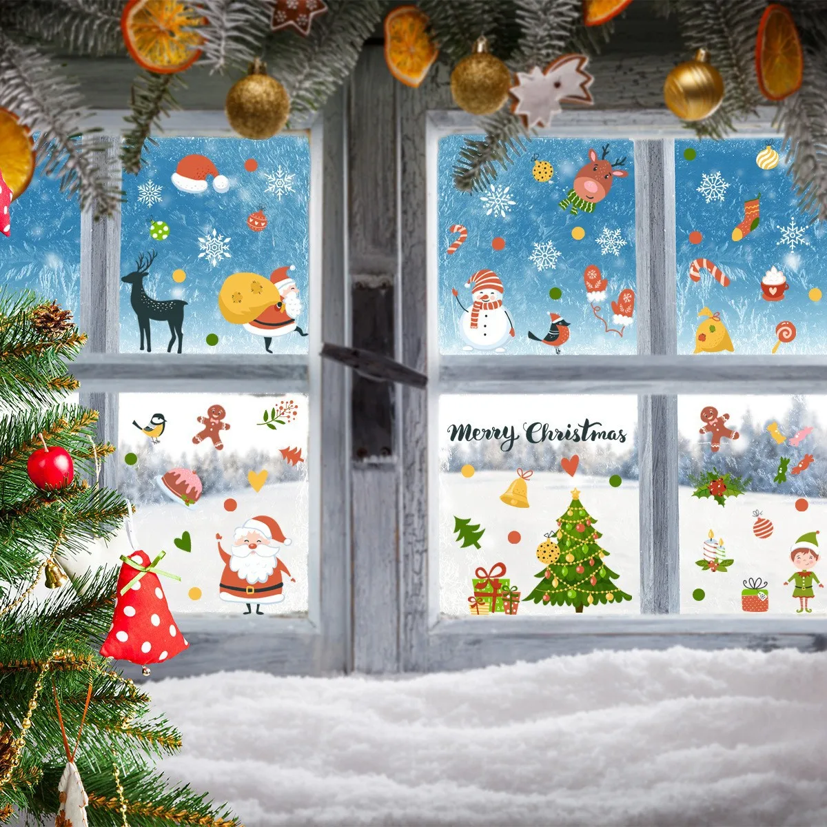 Christmas Holiday Santa Claus Tree Snowflake Wall Sticker Static Glass Sticker Double Sided Visual Decorative Wall Sticker