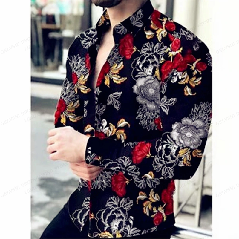 

Hawaiian Tropical Luxury Flower Prined Shirts Men Fashion Long Sleeve Beach Turn Over Collar Button Up Holiday Oversized Tops