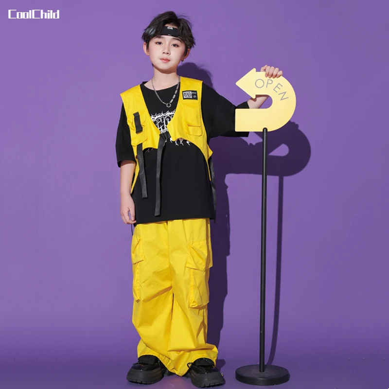 Hip Hop Girls Vest Yellow Cargo Pants Boys Cool T-shirt Street Dance Joggers Children Streetwear Clothes Sets Kids Jazz Costumes