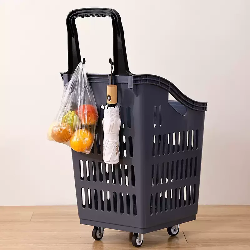 Plastic op Basket with Wheels Handheld Market Basket with Pull Rod Basket for Convenience Store