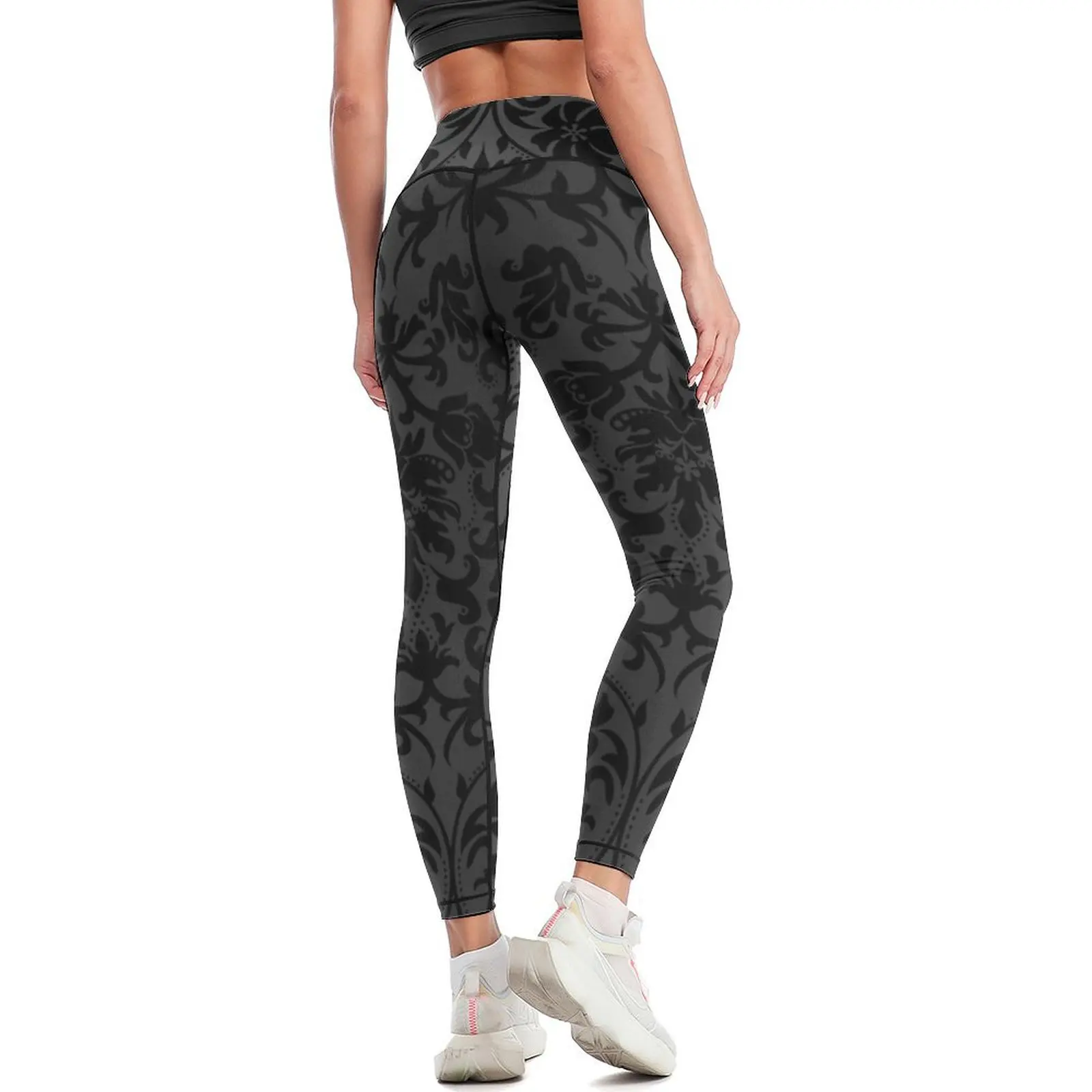 Leggings florais damasco para mulheres, roupas de treino, calças esportivas, leggings de ginástica, fitness, preto