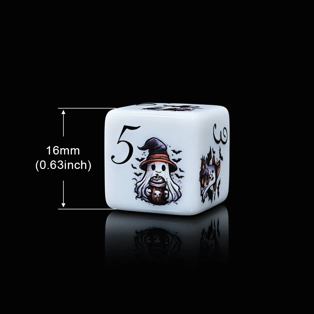12Pcs 16MM D6 Printed Acrylic Halloween Witch Hat Ghost DND Dice 1-6 Sided Tabletop RPG Desktop Ornament Holiday Party Dice view 4