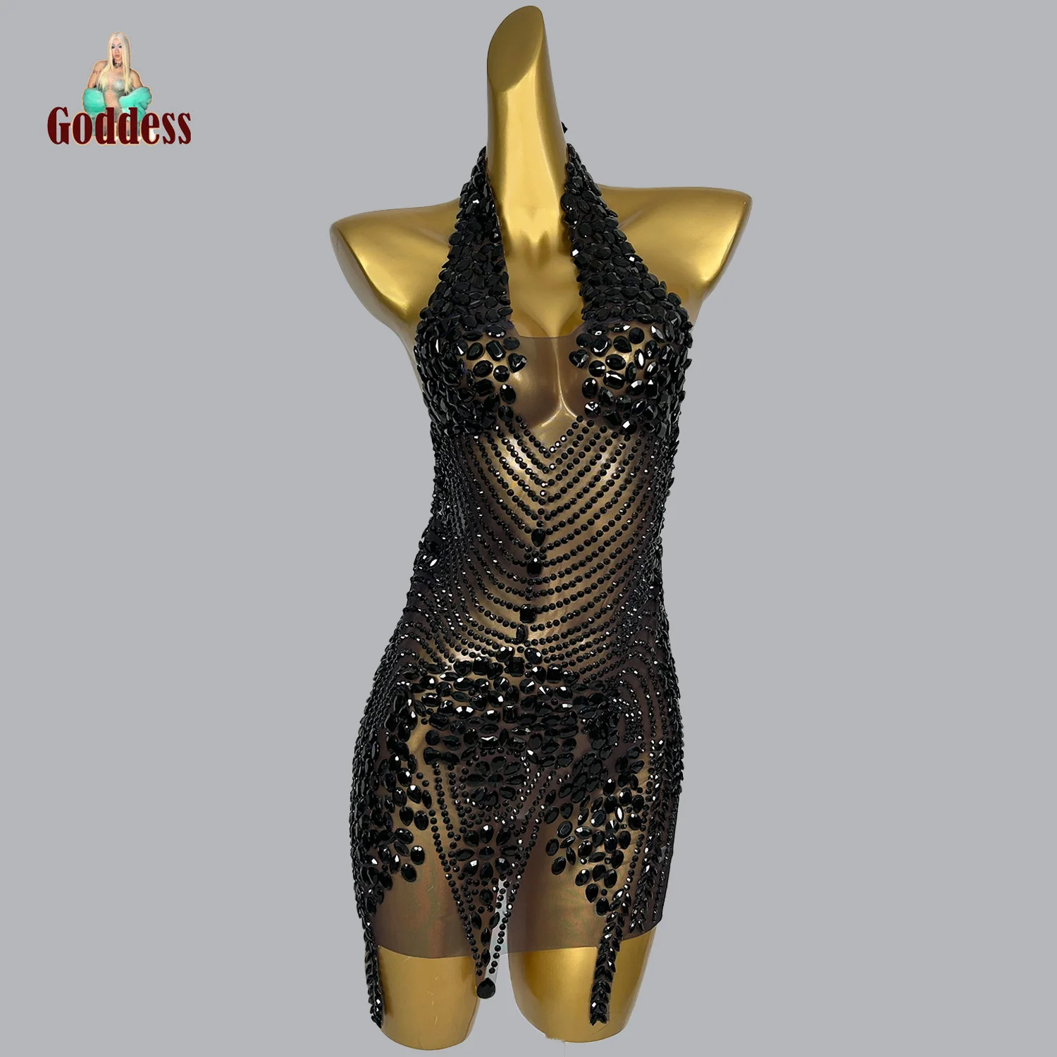 

Women's Luxury Sparkling Rhinestone Dress Sexy Sheer Mesh Hanging Collar Dress Ball Birthday Dress Graduation Ball Sexy Showgirl