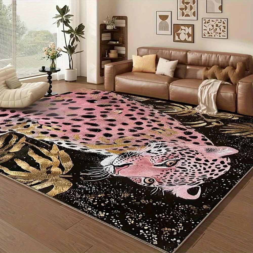 

Luxurious Leopard Print Area Mat Pink Black Design Golden Accents Machine Washable Large Rectangular Mat Living Room Office