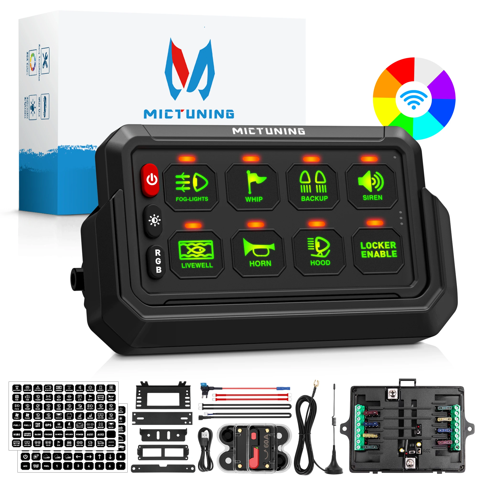 

MICTUNING Switch Panel 8 Gang Switch Panel, Wireless Cordless, Adjustable RGB Colors Brightness for Car Off-Road Truck SUV RV