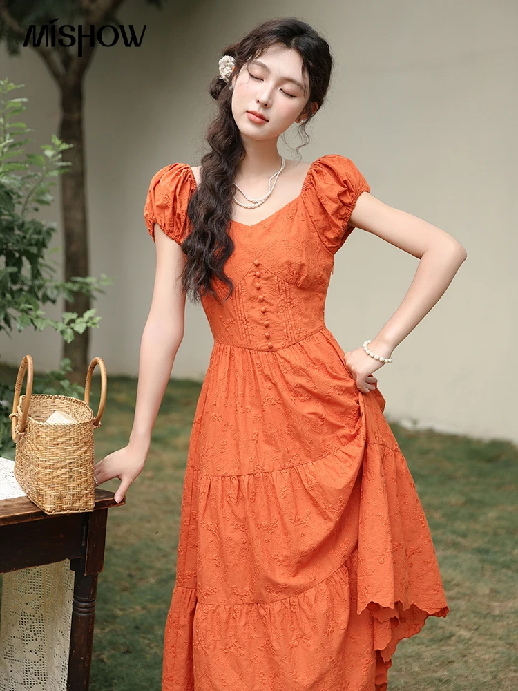 MISHOW 100 Cotton Orange Embroidered French Dress Women 2024 Summer V Neck Mid Length Dress Solid Loose A-line Dress MXD29L1931